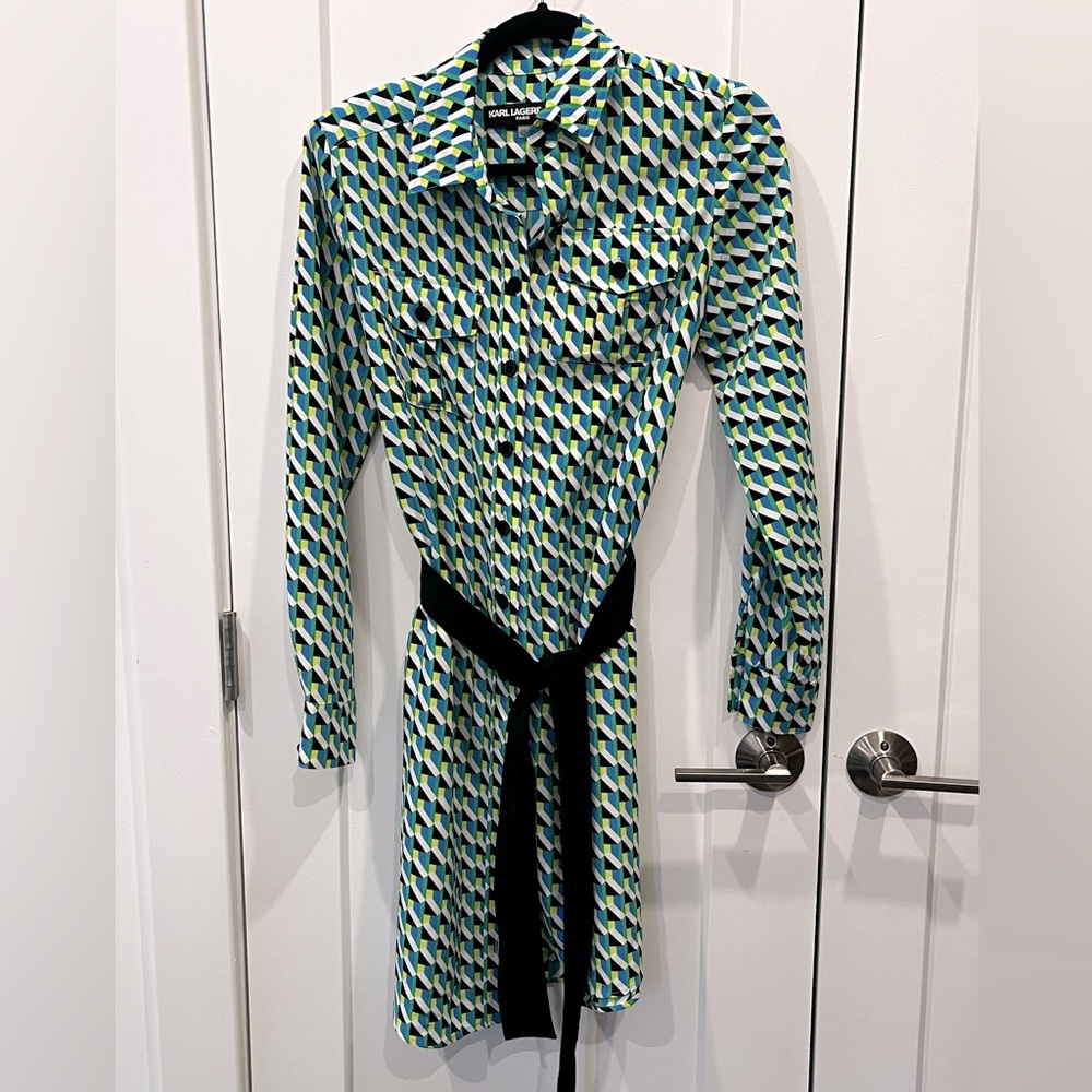 Karl Lagerfeld NWT Geometric Print Longsleeve Shirt Dress (Size XXS)